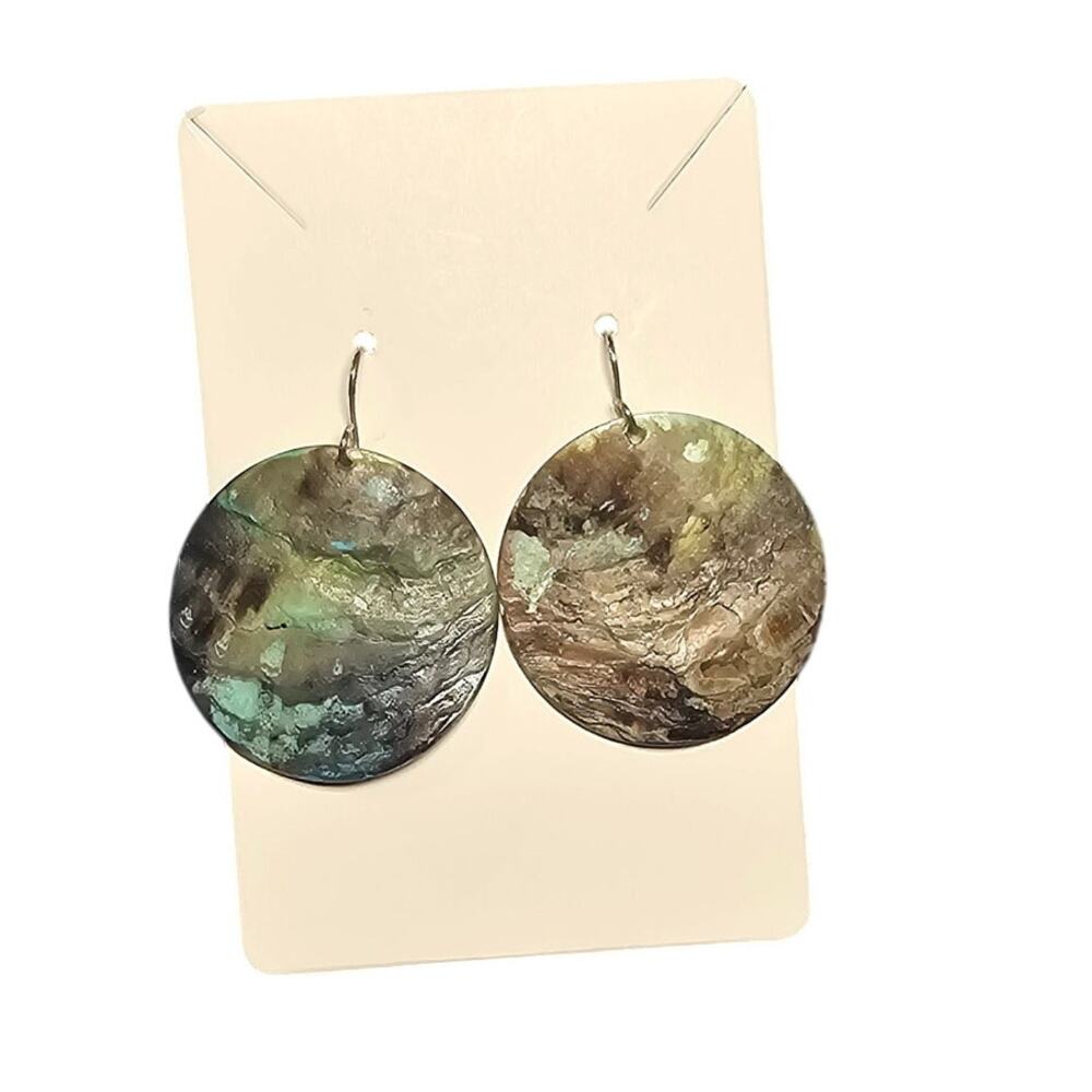 Textured Earth Tone Disc Drop Earrings Brown Green Patina Lightweight Dangle